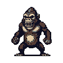This pixel art image features a fierce, upright gorilla with a powerful stance and intimidating expression. The creature's raw, untamed nature is emphasized by a muted color palette and its isolation against a stark black background.