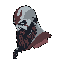 This pixel art portrait captures the stoic intensity of a Kratos-like figure, showcasing his muscular build, furrowed brow, and iconic red tattoo. Rendered in a muted palette of grays and browns, the image evokes a sense of power and weary determination.