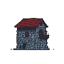 This pixel art showcases a weathered, two-story stone tower with a red-tiled roof and dilapidated balcony. Its muted colors and dark doorway evoke a sense of mystery and age.