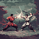 Two pixel art martial artists clash in a dynamic pose: one blocks with a fist, while the other strikes with a sword. The image captures the energy of classic martial arts films with its intense action and earthy color palette.