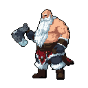A pixel art warrior, rendered in a classic style, stands ready with his battle axe. The muscular, white-bearded barbarian exudes rugged strength and stoicism, suggesting a seasoned veteran of countless battles.