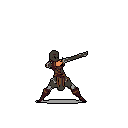 A pixel art warrior strikes a dynamic pose, weapon raised and ready for action against a stark black backdrop. Clad in segmented brown and grey armor, the helmeted figure embodies a classic, gritty RPG aesthetic. The subtle ground line grounds the character, emphasizing their poised strength.