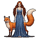 A pixel art image showcases a woman with flowing auburn hair in a blue gown, standing serenely next to a fox with a bushy tail. The pair, rendered in rich earthy tones, exude a quiet dignity against the black background.