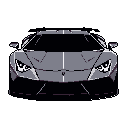 This pixel art image showcases a sleek, modern sports car, reminiscent of a Lamborghini, rendered in cool grays against a stark black backdrop. The head-on view and glowing headlights emphasize its powerful and iconic design. The minimalist aesthetic and lack of background draw all attention to the car's sharp, angular lines and sophisticated form.