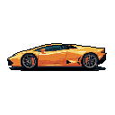 This pixel art image showcases a sleek, bright orange sports car, reminiscent of a Lamborghini Huracan, rendered in sharp detail. Floating against a black background, the car's vibrant color palette and modern design evoke a sense of luxury and speed.