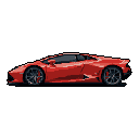 This pixel art showcases a vibrant red Lamborghini rendered in striking detail. Isolated against a black void, the sleek design and bold color palette emphasize the car's power and luxury. The sharp lines and subtle highlights bring a modern, aspirational feel to this pixelated dream machine.
