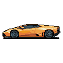 A vibrant, pixel-art sports car, reminiscent of a Lamborghini Murciélago, commands attention with its sleek orange design against a stark black void. The meticulously crafted highlights and shadows capture the car's powerful form in a nostalgic, low-resolution style.
