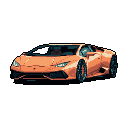 This pixel art image showcases a vibrant orange Lamborghini Huracán in stunning detail. Isolated against a black background, the sleek sports car embodies modern luxury and aspirational design. The pixelated style adds a nostalgic touch to this dynamic automotive portrait.