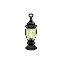 A solitary, antique lantern glows against a black backdrop, its warm, pixelated flame offering a beacon of light and nostalgia. The aged metallic design and vibrant light source create a striking contrast in this minimalist pixel art piece.