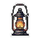 This pixel art image focuses on a solitary, old lantern, its metallic body rendered in muted tones contrasting sharply with the warm, vibrant glow emanating from within. The stark illumination against the darkness evokes a sense of quiet comfort and rustic charm.