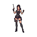 A pixelated adventurer stands ready, gripping a mysterious object in one hand and a clenched fist at her side, radiating strength and determination against a stark, black void.