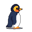 A curious pixel art penguin with bright orange beak and feet stands out against a stark black background. The tiny, upright creature exudes simple cuteness with its attentive gaze.