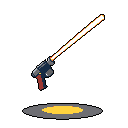 This pixel art depicts a sleek, dark sci-fi energy pistol firing a vibrant orange beam. Positioned above a glowing yellow target, the weapon exudes a sense of futuristic action.