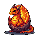 A cute, newly hatched fire dragon bursts from a cracked egg, its vibrant orange and yellow scales popping against the dark stone shell. The pixel art beautifully captures the wonder and implied power of the tiny creature's emergence.
