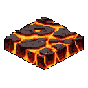 This pixel art depicts an isometric block of cracked, dark rock with glowing lava flowing through the fissures, evoking a sense of intense heat and raw elemental power. The vibrant contrast between the rock and molten lava creates a visually striking and dangerous scene.