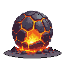 A glowing, volcanic core pulses with fiery energy, its jagged rock shell barely containing the intense heat within. The pixel art orb, a potential artifact of immense power, sits atop a pile of its own crumbling debris. Its bright, internal glow contrasts against the dark stone, creating a striking image of contained force.