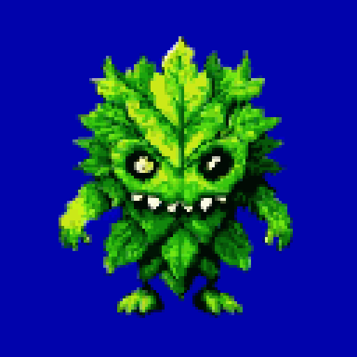 A mischievous leaf creature with jagged teeth and a menacing frown stands out against a deep blue backdrop. This pixel art piece juxtaposes a cute, leafy form with an unsettling expression.