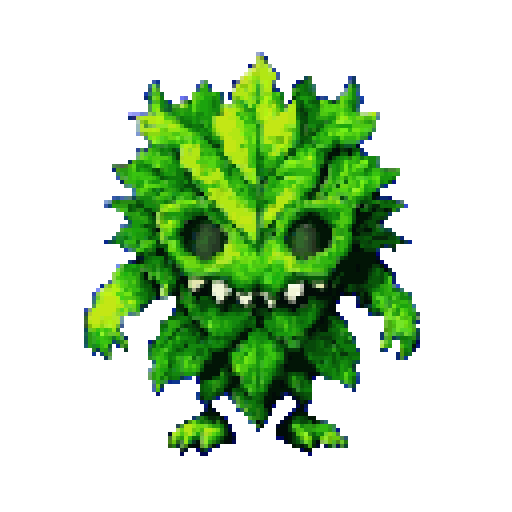 A menacing yet whimsical leafy creature with sharp teeth stands out against a royal blue background in this vibrant pixel art. The humanoid figure, constructed entirely of stylized green leaves, evokes a playful yet slightly unsettling vibe.