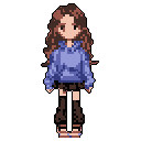 This pixel art depicts a cute, stylized girl with long brown hair wearing a pastel blue hoodie and dark skirt. Her simple design and relaxed pose create a nostalgic and approachable feeling.