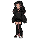 This pixel art image presents a stylish female character in a dark hoodie and skirt, rendered in muted tones with a melancholic vibe. The simple design and dark palette create a modern, slightly edgy aesthetic reminiscent of classic video game sprites.