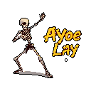This pixel art features a dancing skeleton in a flowing white garment, striking a lively pose against a stark black background. The energetic composition and stylized text "Ayoe Lay" create a quirky, retro vibe.