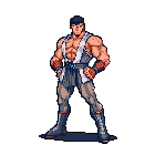 A muscular, confident fighter is rendered in pixel art, striking a powerful pose against a stark black background. The character's gritty design and assertive stance evoke a classic arcade brawler, full of strength and defiance.