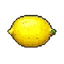 A vibrant pixel art lemon pops against a stark black background, its yellows ranging from bright highlights to warm shadows, capturing the fruit's simple, sunny essence.
