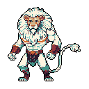 A pixel art image depicts a powerful, muscular lion warrior with a determined gaze, clad in minimal armor and ready for action against a stark black void. The detailed sprite showcases a blend of warm browns and cool teals, emphasizing the character's strength and potentially ominous presence.