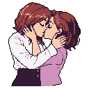 This pixel art image captures a tender moment between two young women sharing a soft, intimate kiss. The close-up focuses on their gentle expressions and the warmth of their connection, set against a simple background to emphasize their affection.