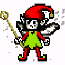 This pixel art image features a whimsical fairy or elf character with a stark white face, a conical red hat, and delicate wings, holding a magical staff. The figure's bright, contrasting colors and 8-bit aesthetic evoke a sense of nostalgia and classic fantasy adventures.