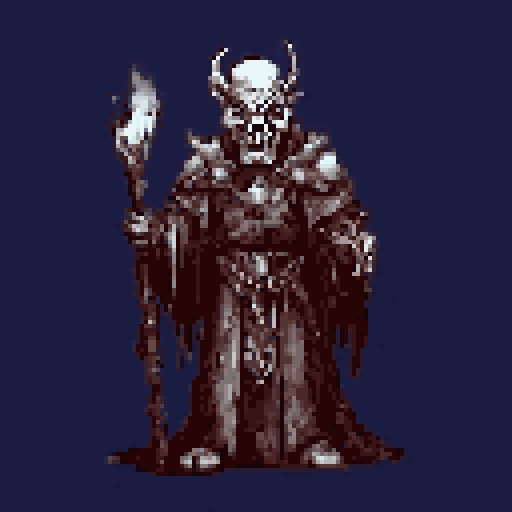 A skeletal, horned wizard dominates the scene, staff in hand and right arm outstretched, radiating an aura of dark power. Clad in ornate robes, the undead sorcerer stands against a dark indigo background, a commanding figure of gothic fantasy.
