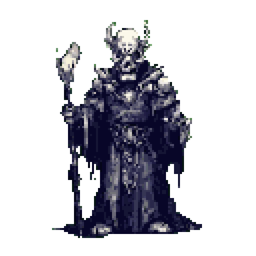 A powerful pixel art lich stands ready, staff in hand, casting a spell with ominous intent. This imposing skeletal figure, detailed with horns and armor, embodies dark fantasy and arcane power.