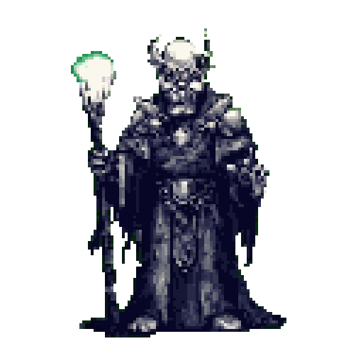 A menacing, pixelated sorcerer with glowing orb staff stands ready, casting a spell with raised hand. The armored figure exudes power and foreboding with skeletal features and dark robes.