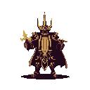 A pixel art king or sorcerer exudes regal power, adorned in ornate armor and wielding a scepter and blade. The character's stern expression and simple, shadowed design create an aura of mystery.