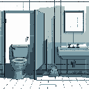 This pixel art depicts a stark and mundane public restroom, featuring a toilet stall and sink area in a muted, monochromatic palette. The scene captures the sterile realism of a common, unoccupied space.
