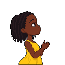 This pixel art image captures a young Black girl in profile, her hopeful expression and clasped hands suggesting she's gazing up at something wondrous. Bathed in a vibrant yellow dress, she stands out against the stark black background, radiating innocence and anticipation.