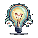 A brightly glowing light bulb, a classic symbol of an idea, is framed by mechanical gears in this pixel art image. The design evokes innovation and industrial ingenuity with its warm light against a stark black background.