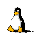 This pixel art image features Tux, the Linux penguin, sitting with a cheerful expression against a black background. The retro style and simple color palette create a nostalgic feel.