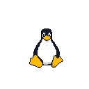 A charming pixel art penguin sits contentedly, its bright orange beak open in a slight smile. The centered, stylized design against a black void highlights the penguin's simple, cute appeal.