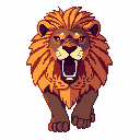 This pixel art image captures a powerful lion mid-roar, striding forward with fierce determination. The vibrant colors and dynamic pose emphasize the untamed energy and wildness of this majestic creature.
