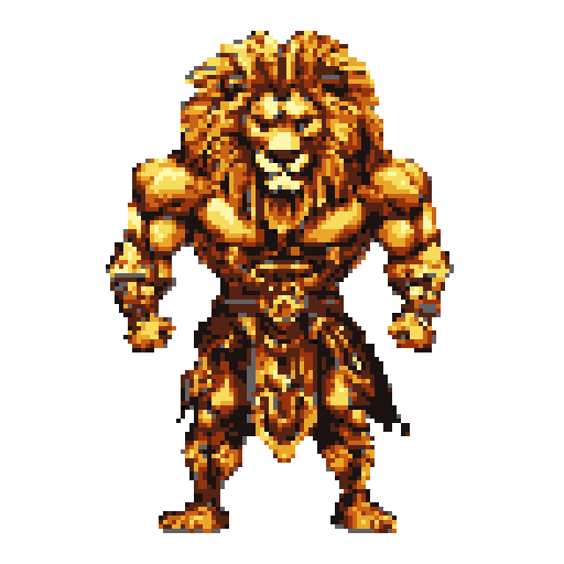 A regal lion warrior stands ready, depicted in intricate pixel art with a powerful and focused expression. Clad in ornate armor, the golden-brown figure exudes strength and fantasy.