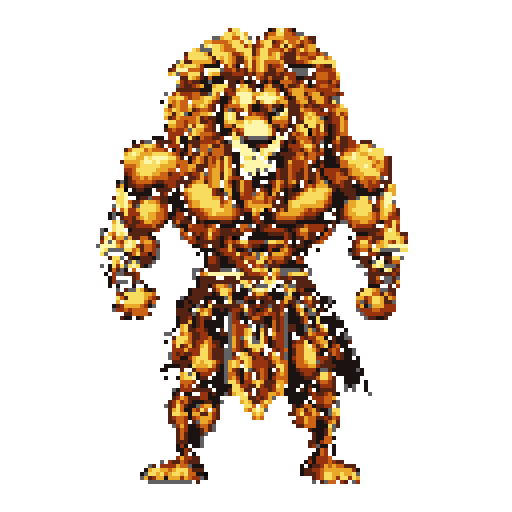 This pixel art showcases a powerful, regal lion warrior in golden armor, striking an imposing pose. The monochromatic yellow and brown palette emphasizes the character's strength and authority.