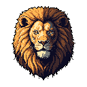 This pixel art headshot captures the majestic serenity of a lion, its golden and brown tones creating a warm and regal presence. Piercing eyes stare directly forward, conveying quiet strength and wisdom.