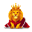 A regal, pixelated lion, adorned with a golden crown and burgundy robe, commands attention with a stern expression. The image evokes royalty and power through its warm tones and retro, 8-bit aesthetic, set against a dark backdrop.