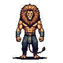 This pixel art features a stoic, muscular lion warrior with a golden mane and teal pants, striking an imposing pose. The detailed character design and muted earth tones evoke a feeling of strength and resilience.