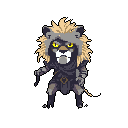 A fierce, feline-like warrior with glowing eyes snarls in this striking pixel art, clad in tattered armor and poised for action. The dark color palette and intense expression create a feeling of wild danger.