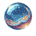 A solitary, pixelated sphere floats in the void, its surface swirling with muted blues and oranges. Reminiscent of a celestial body or cosmic marble, the orb reflects light and suggests a dynamic, slowly rotating world. The image evokes a sense of wonder and peaceful contemplation of celestial beauty.