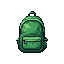 This pixel art piece showcases a detailed green backpack, rendered in a retro style reminiscent of classic video game inventory items. The simple yet effective shading and color palette give the backpack a sense of depth and a touch of well-worn charm.