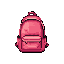 This pixel art depicts a bubblegum pink backpack with maroon details, presented in a simple, iconic style. The symmetrical design and retro aesthetic evoke a nostalgic, video game-like feel.