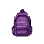 This pixel art depicts a simple, purple backpack with a main compartment and front pocket, reminiscent of a classic video game inventory item. The monochromatic purple palette and pixelated style create a clean, utilitarian vibe.